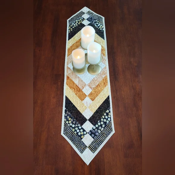 Beautiful Black & Gold! NEW HANDMADE Quilted Batik Table Runner - 12 X 46" - Picture 1 of 10
